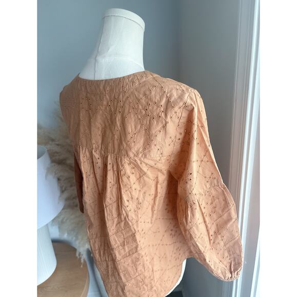 NWT J. Jill Eyelet Lantern Sleeve Blouse XS Petite Button Front V Neck Ginger - Picture 5 of 6